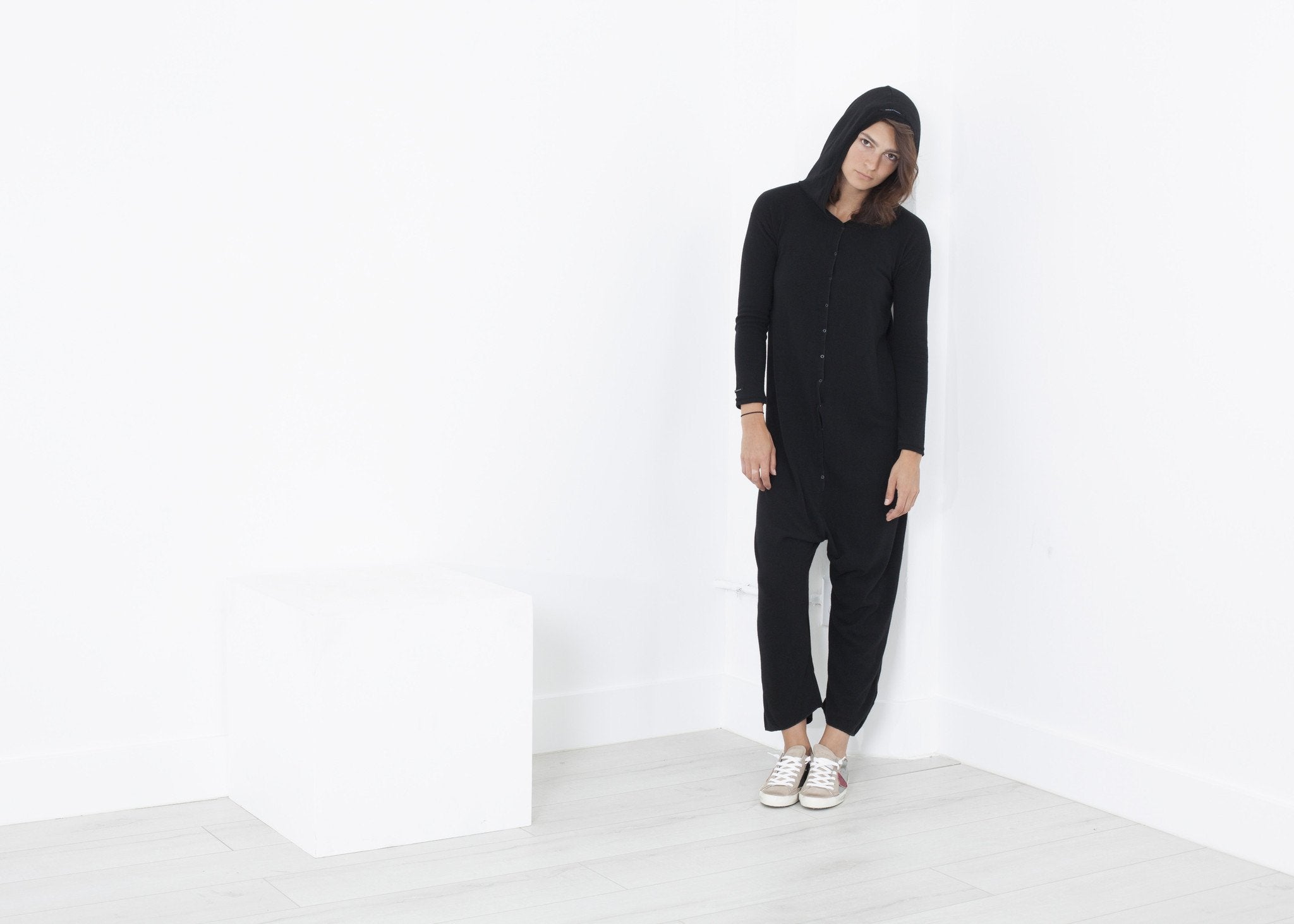 Knit Hooded Jumpsuit in Black - DrakeJack