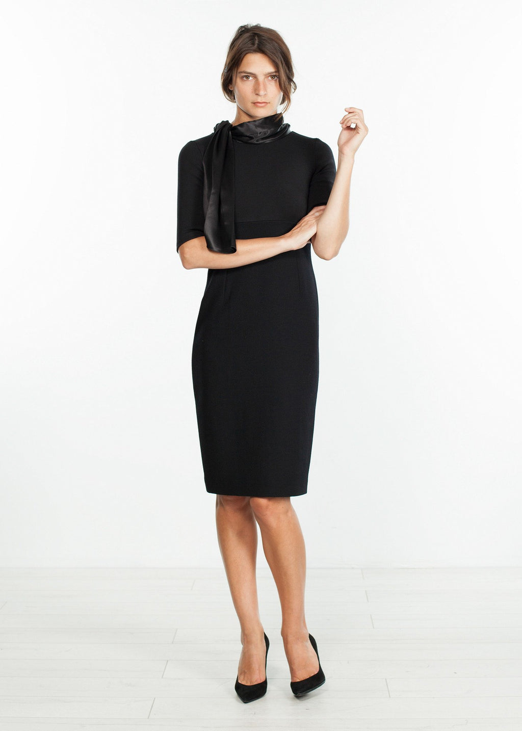 Tie Neck Wool Dress in Black - DrakeJack