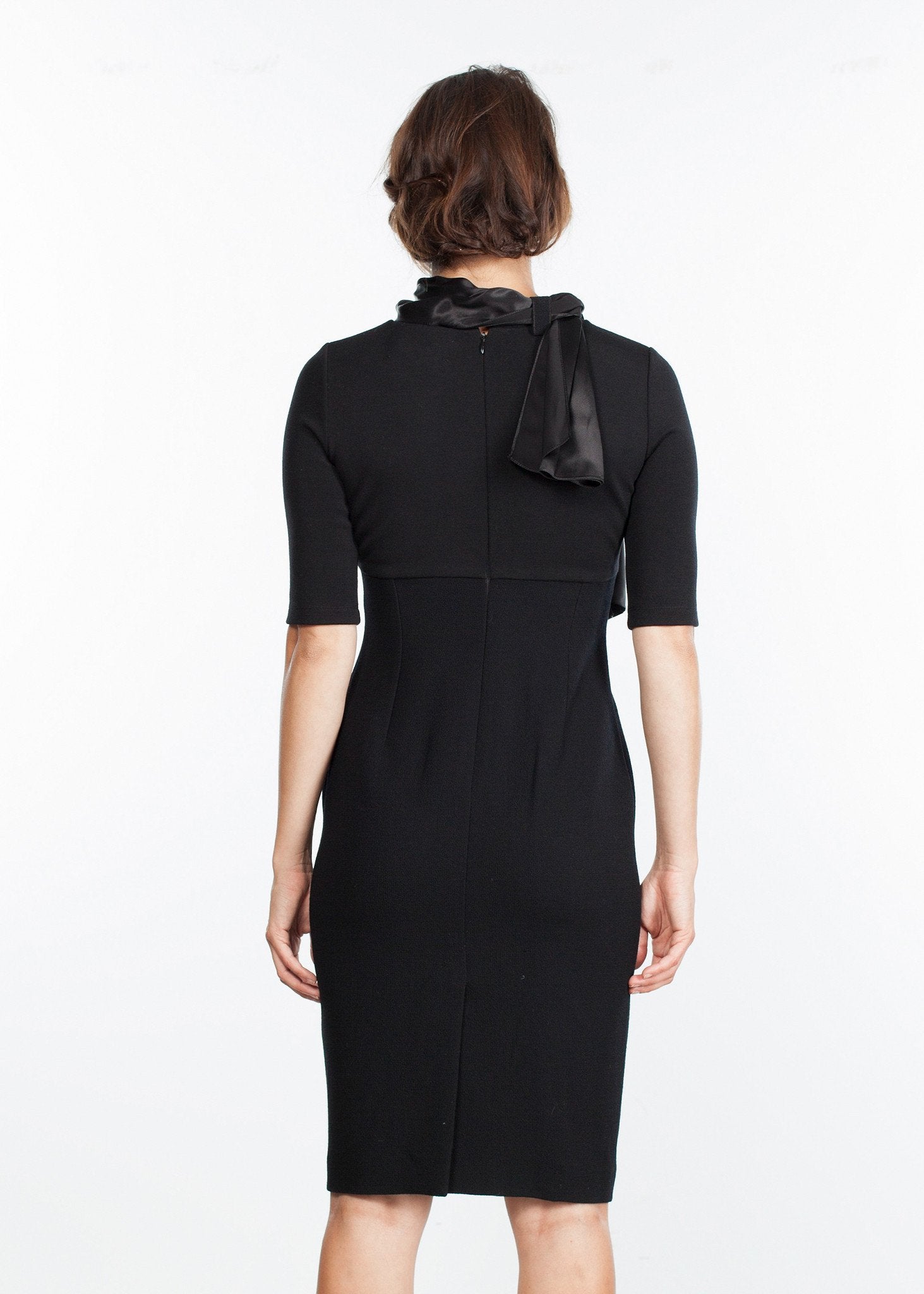 Tie Neck Wool Dress in Black - DrakeJack