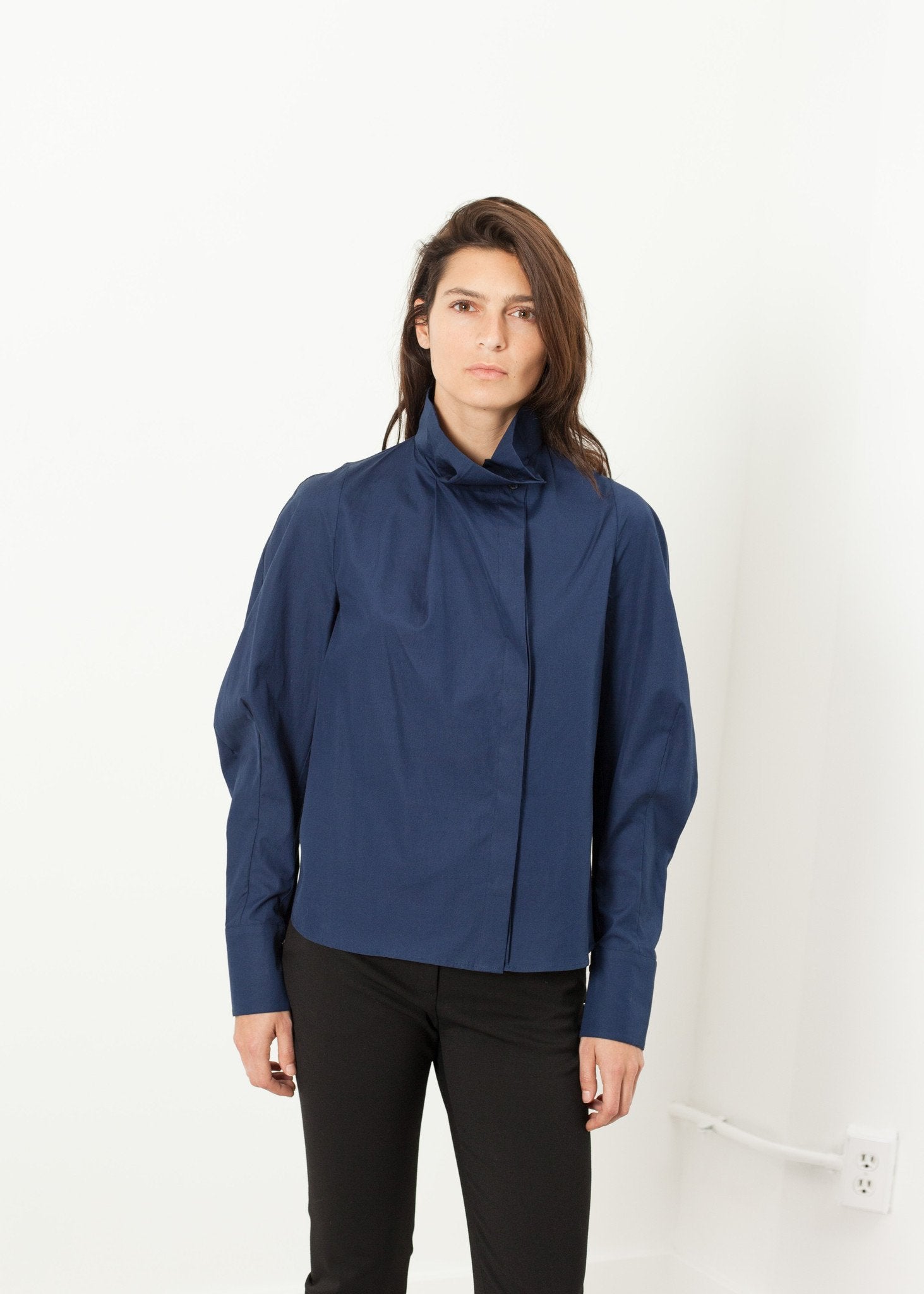 Full Collar Poplin Blouse in Navy - DrakeJack