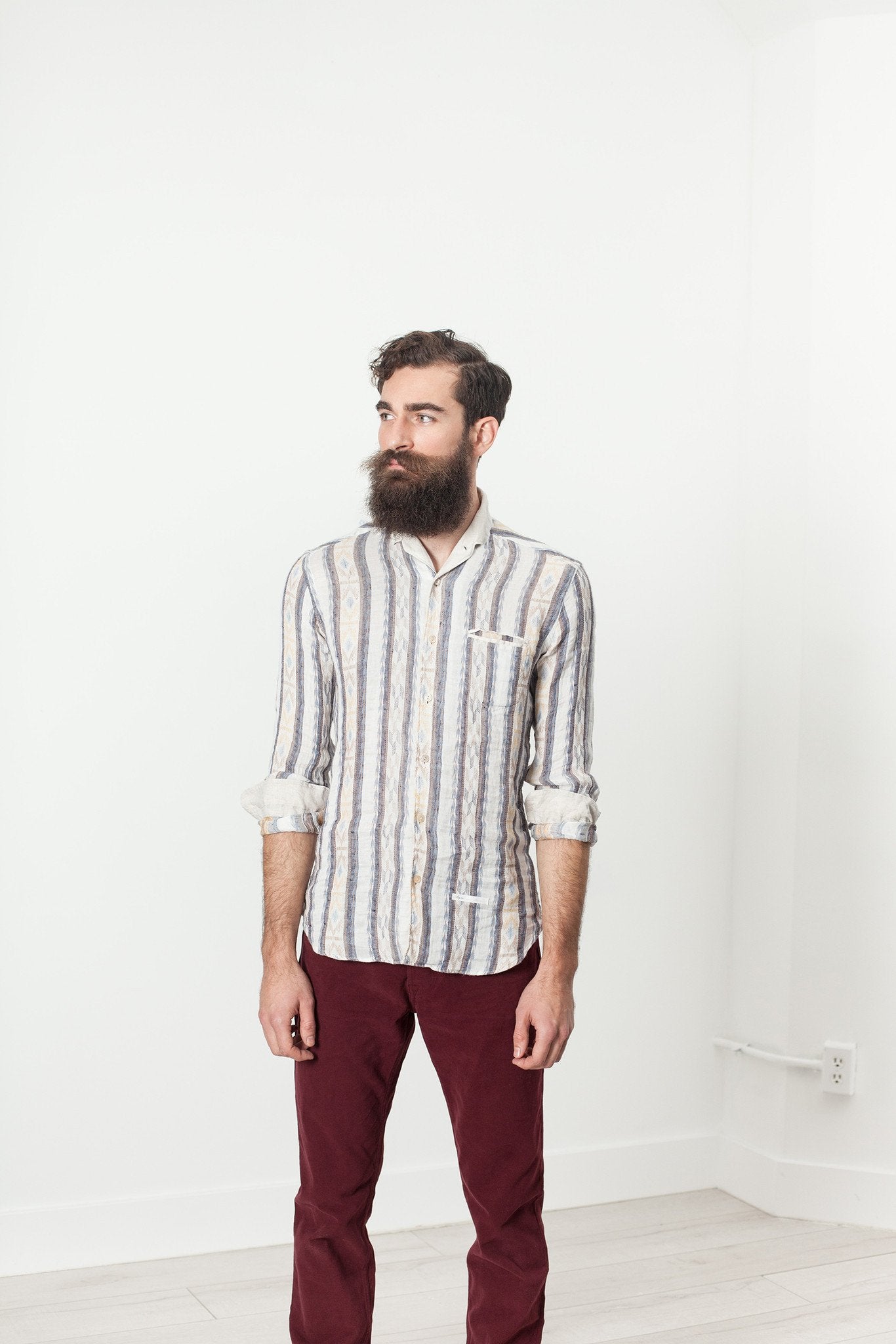 Linen Western Shirt in Beige/Blue - DrakeJack