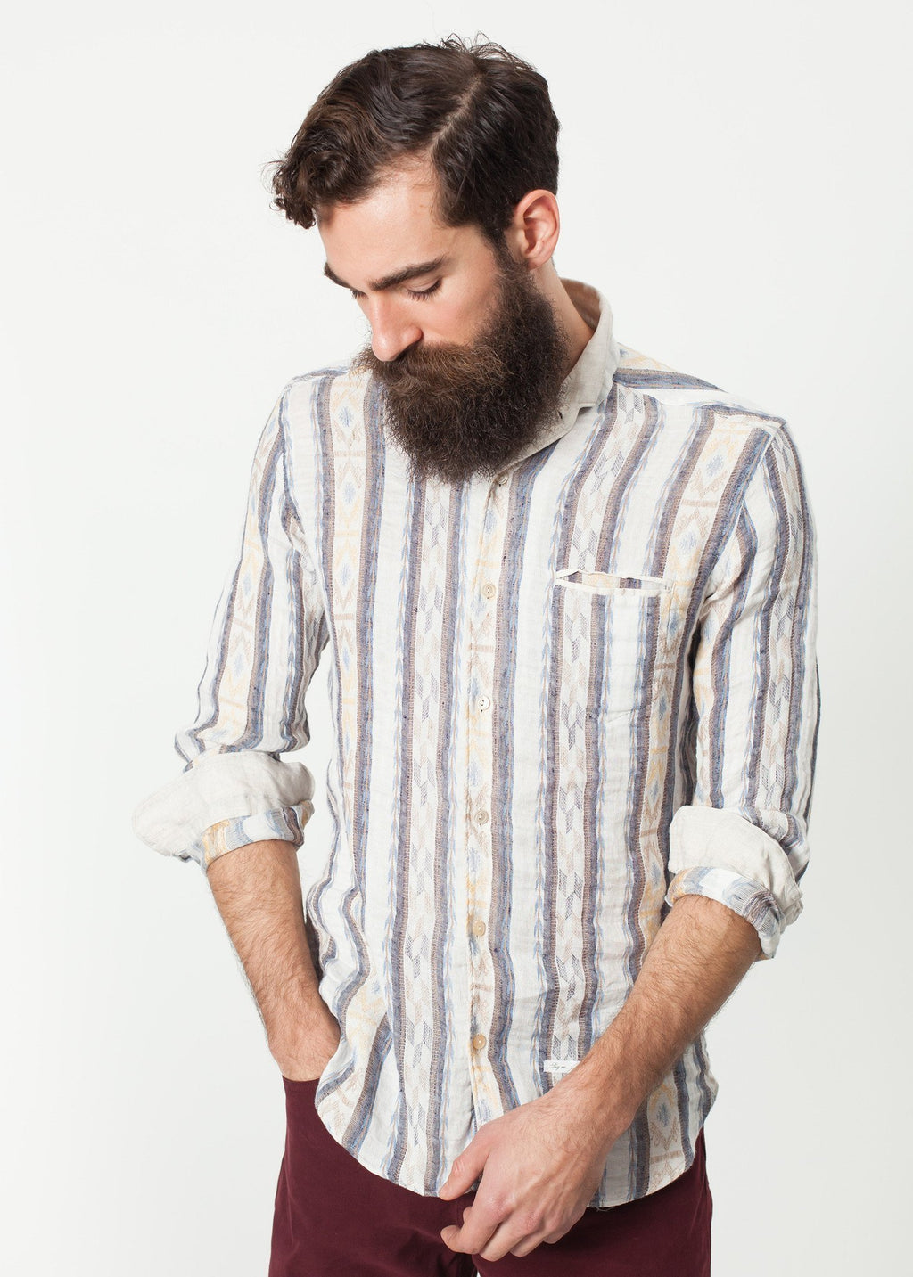 Linen Western Shirt in Beige/Blue - DrakeJack